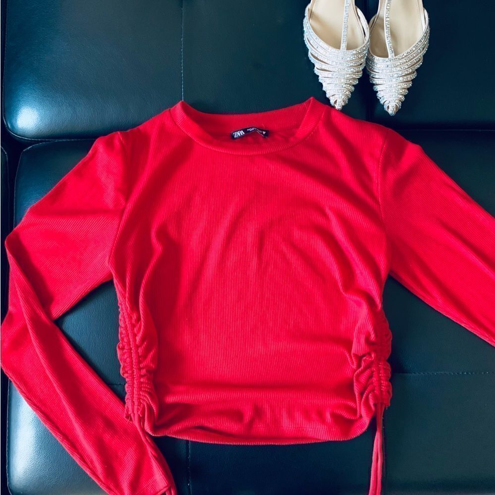 ZARA RED RUCHED RIBBED TOP - Picture 7 of 13